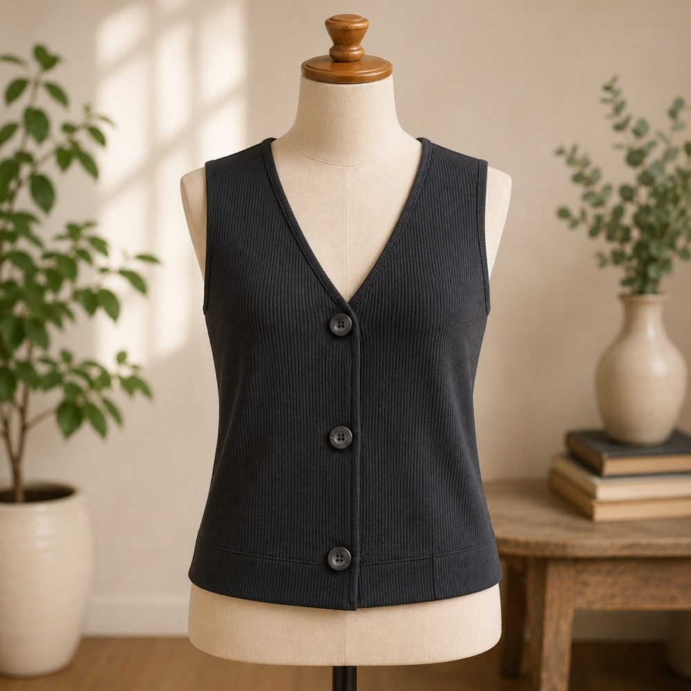 NWT Urban Social Ribbed Knit Vest Womens Large Black Button Front V-Neck Cropped